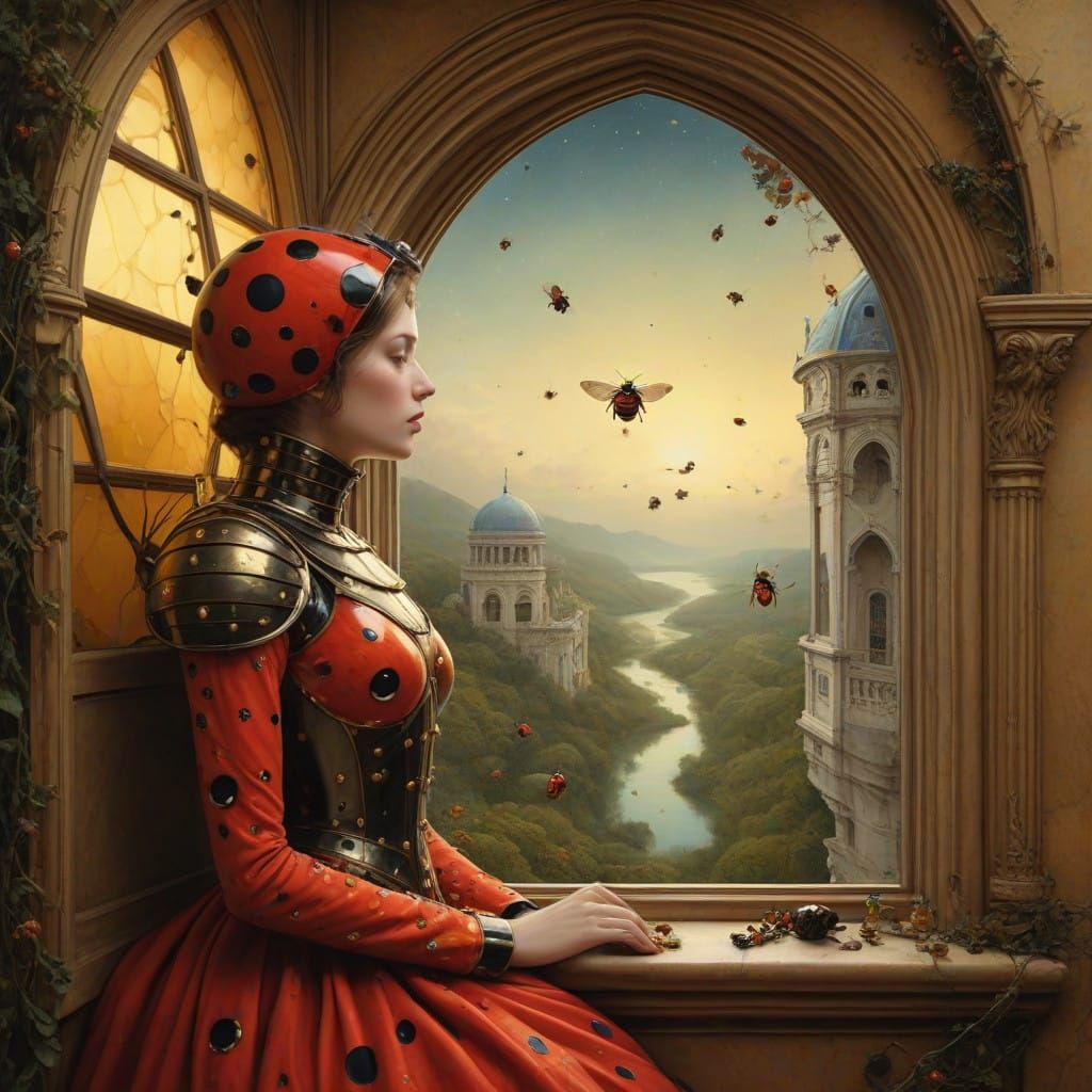 Starry Palace Guard Amidst a Dreamlike Honey Hive of Ladybir...