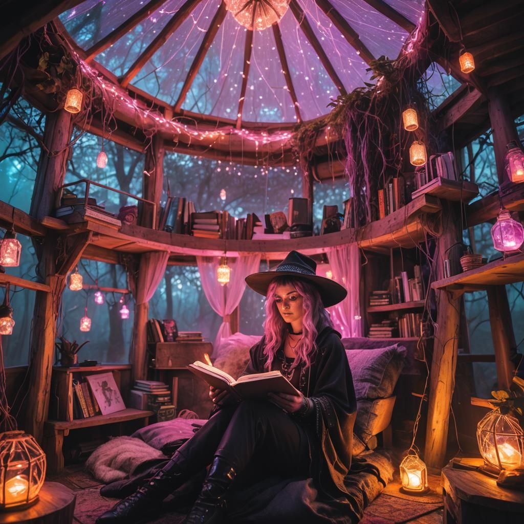Glampunk Witch in Neon Treehouse Yurt: Synthwave Aesthetic