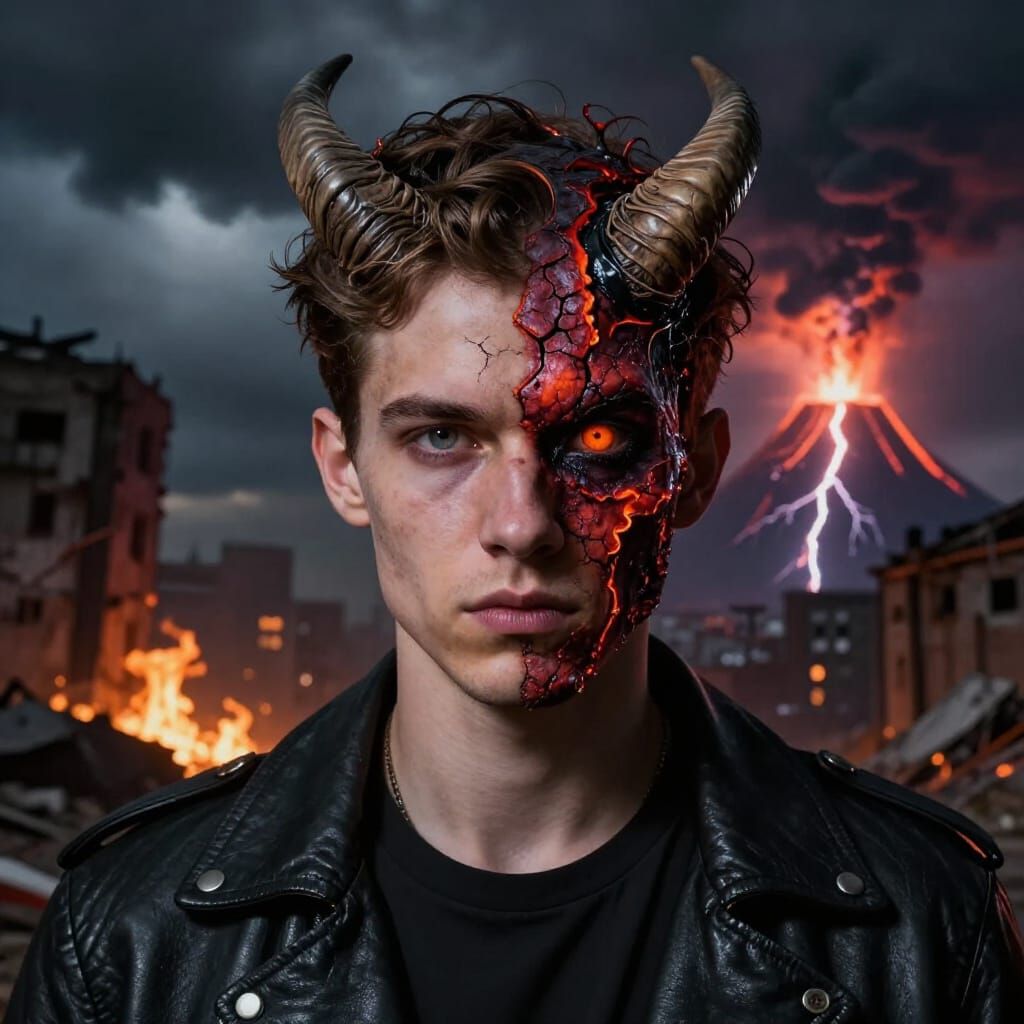 Dramatic Duality Portrait of Man: Serenity Meets Infernal Ho...