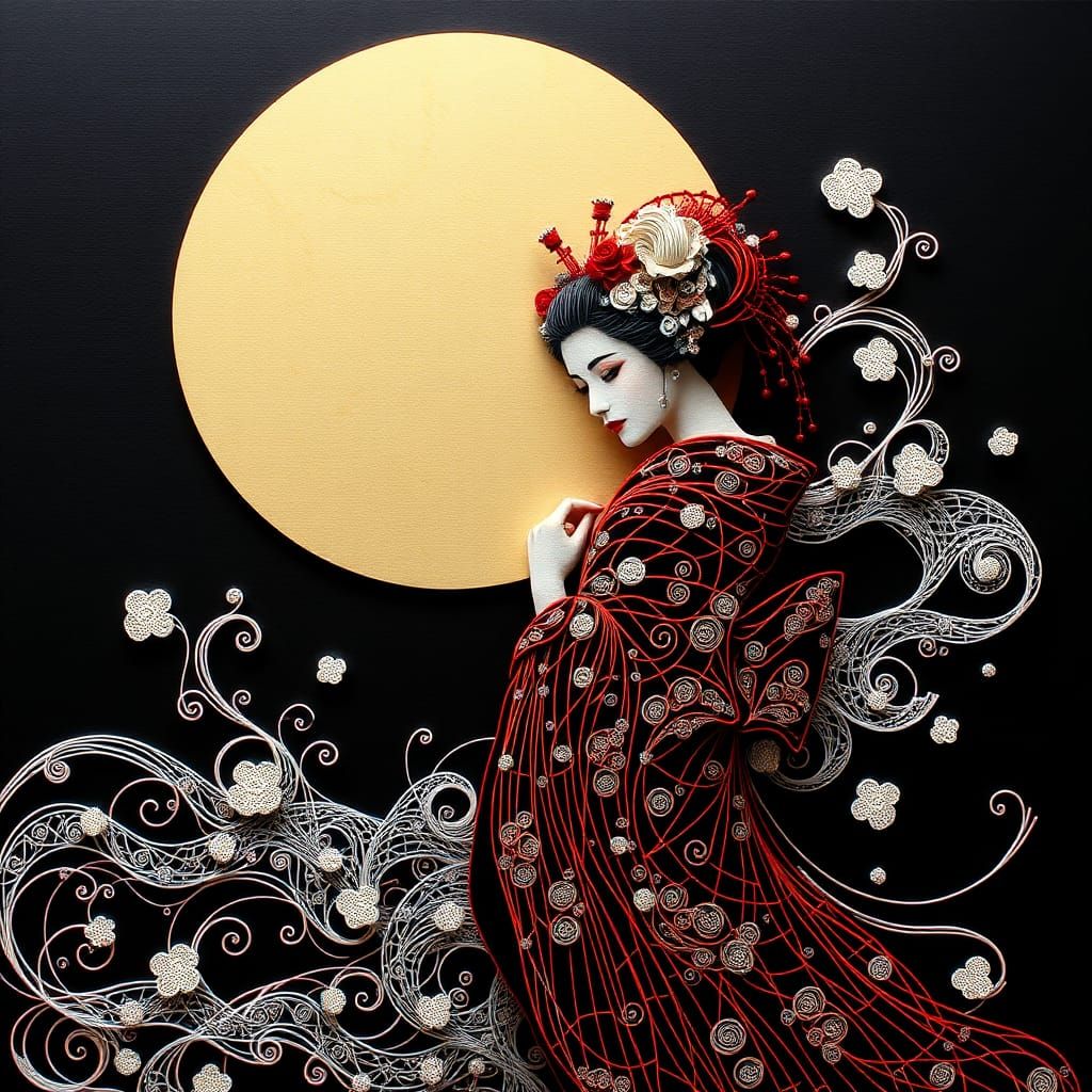 String Art Japanese Geisha with Abstract Elements
