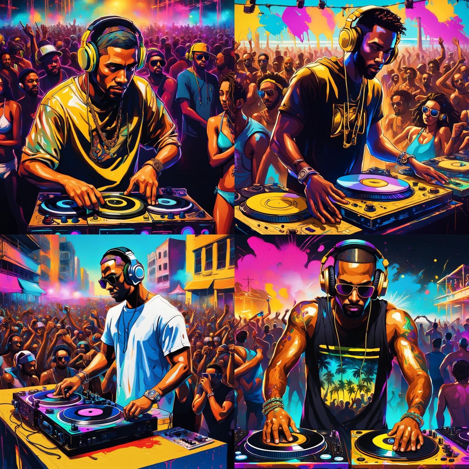 DJ on Beach Stage with Neon Graffiti Art