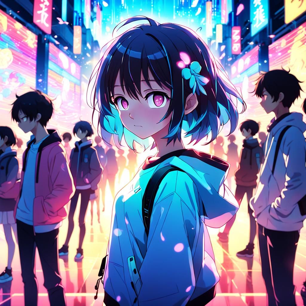 Anime Key Visual of a Young Woman in Pastel Neon
