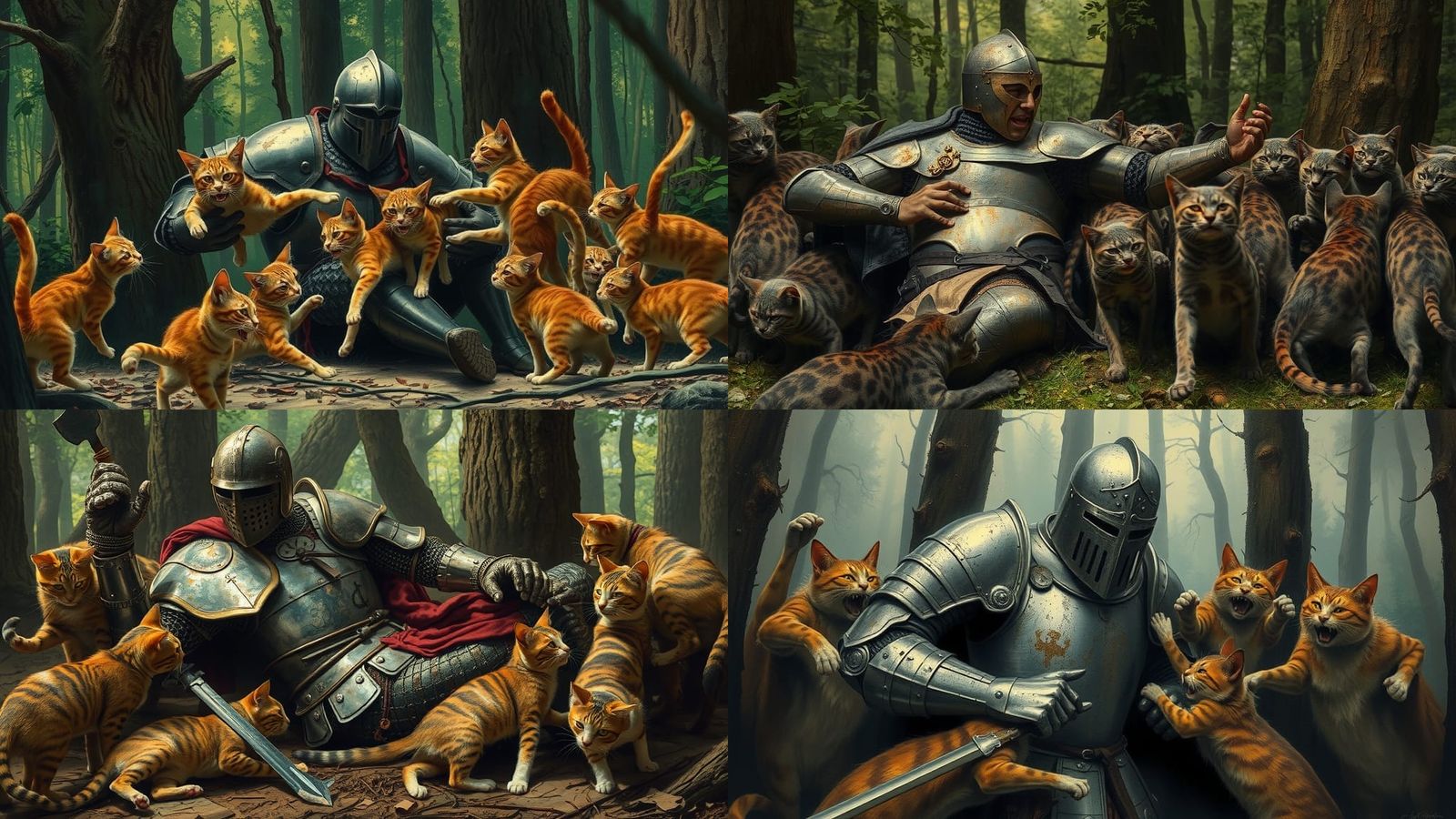 Knight Attacked by Cats in Forest