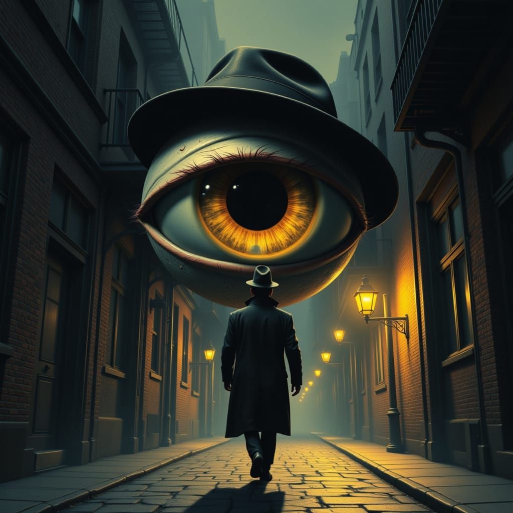 Surreal Eye Detective in Fedora Hat Glows