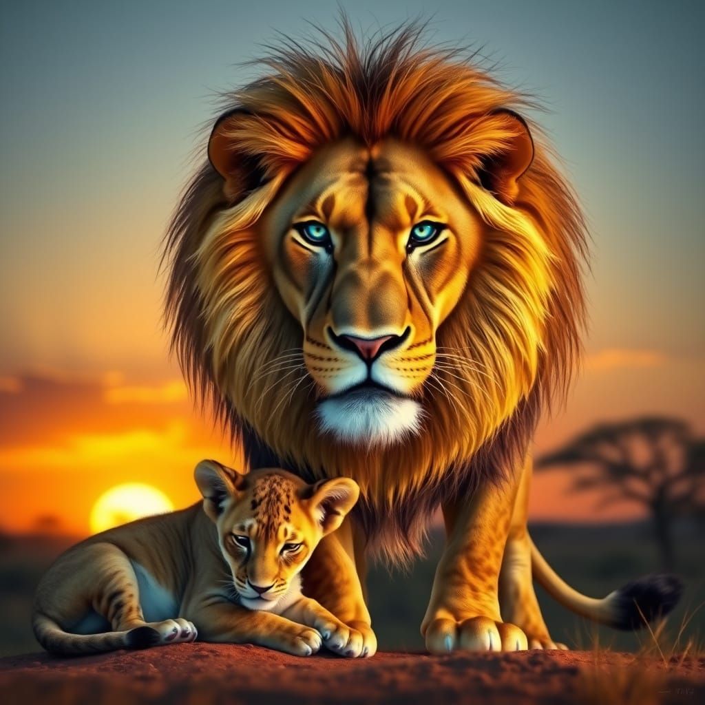 Majestic Lion Guarding Cub in African Sunset