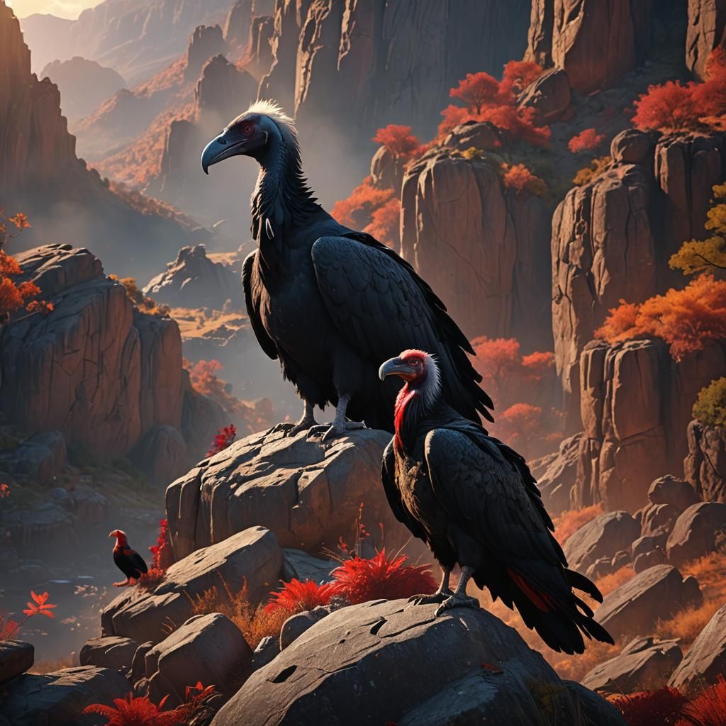 Majestic Vulture and Vibrant Rooster Display