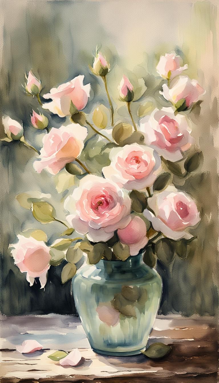 Pink Rose Bouquet in Watercolor Impressionist Style