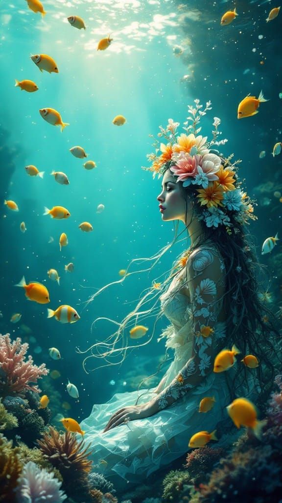 Dreamy Underwater Scene with Seashells and Exotic Fish