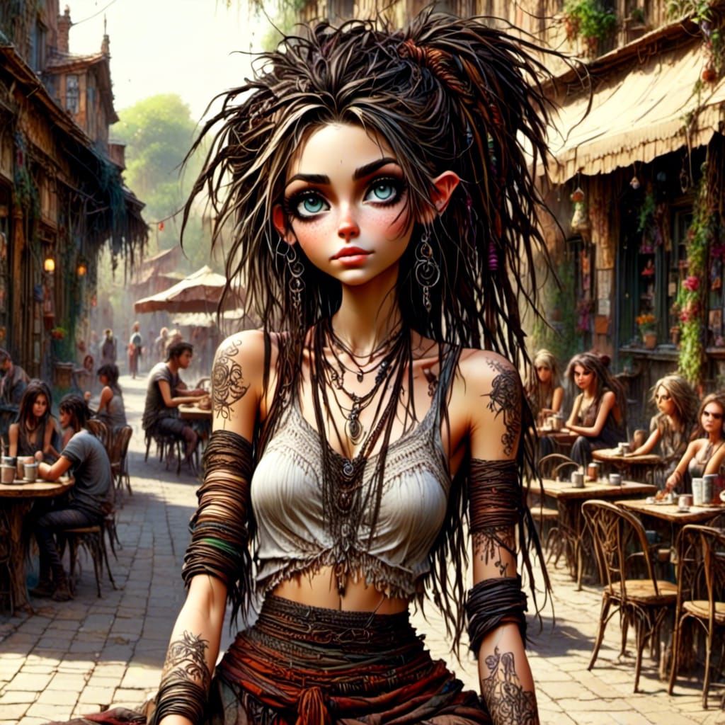 Boho Female at Cafe with Braided Dreads