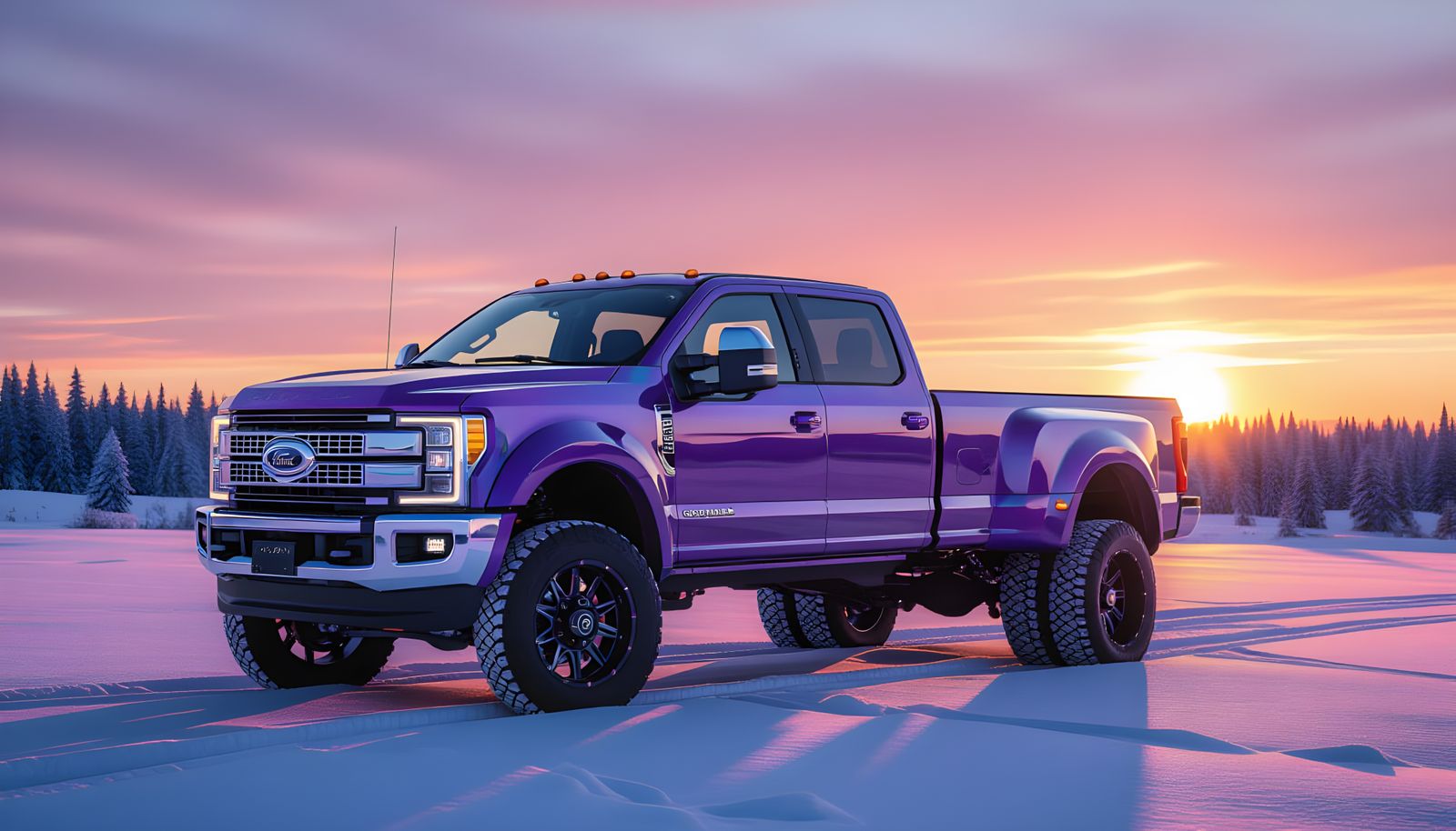 Iridescent Purple 2026 Ford F-350 Dually in Snowy Sunset
