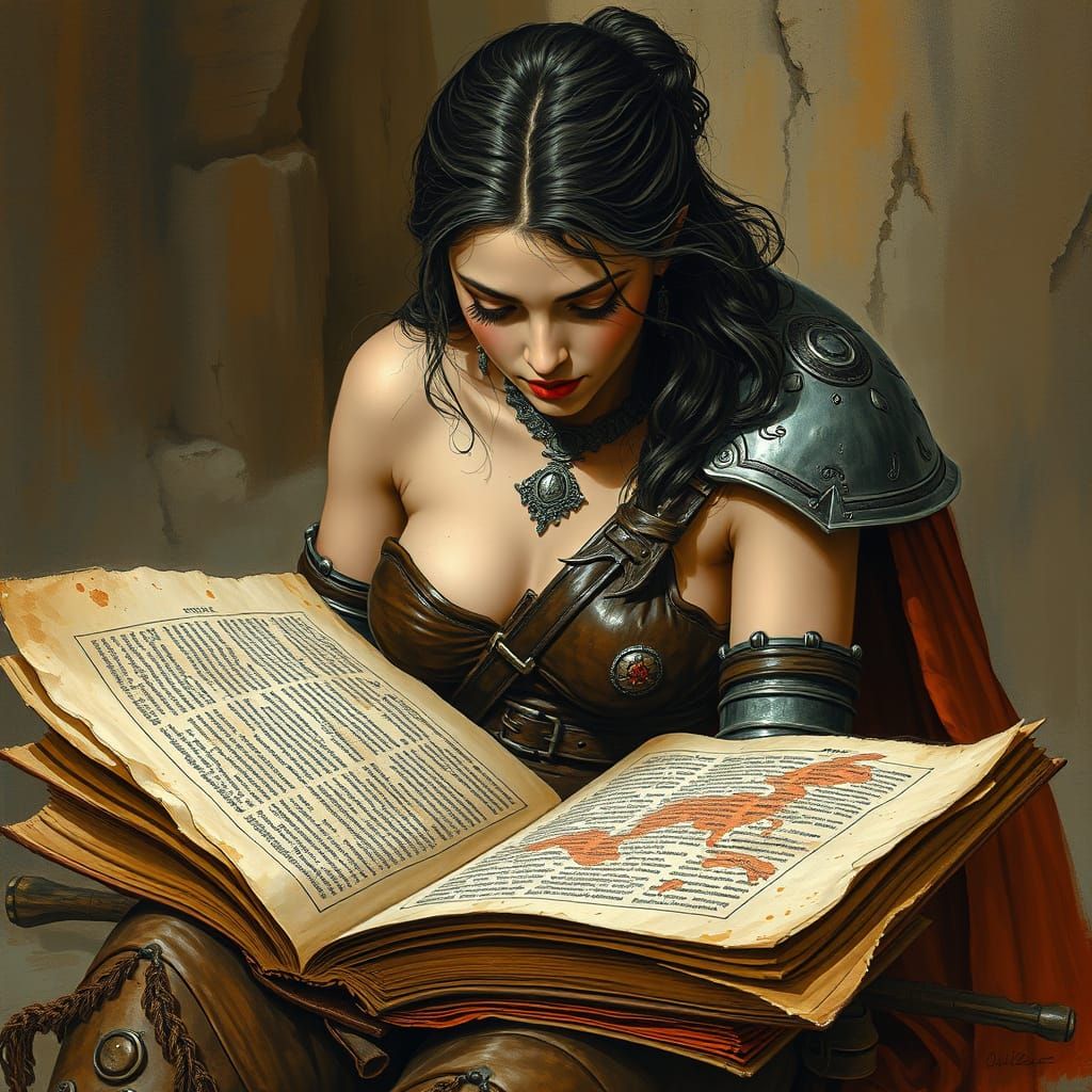 Bare-Chested Woman Studying Ancient Tome