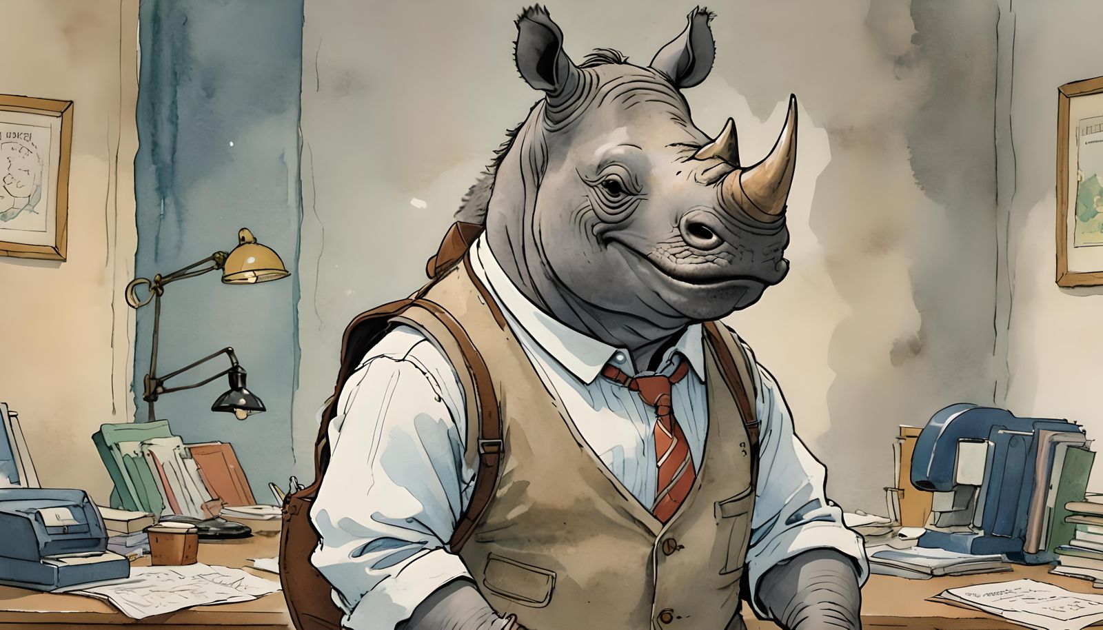 Rhino Lawyer with Suspenders Illustration