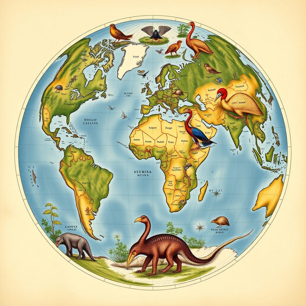 Globe Depicting Extinct Animals in Vintage Style
