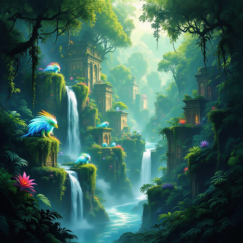 Fantastical Jungle City with Bioluminescent Flora and Exotic...