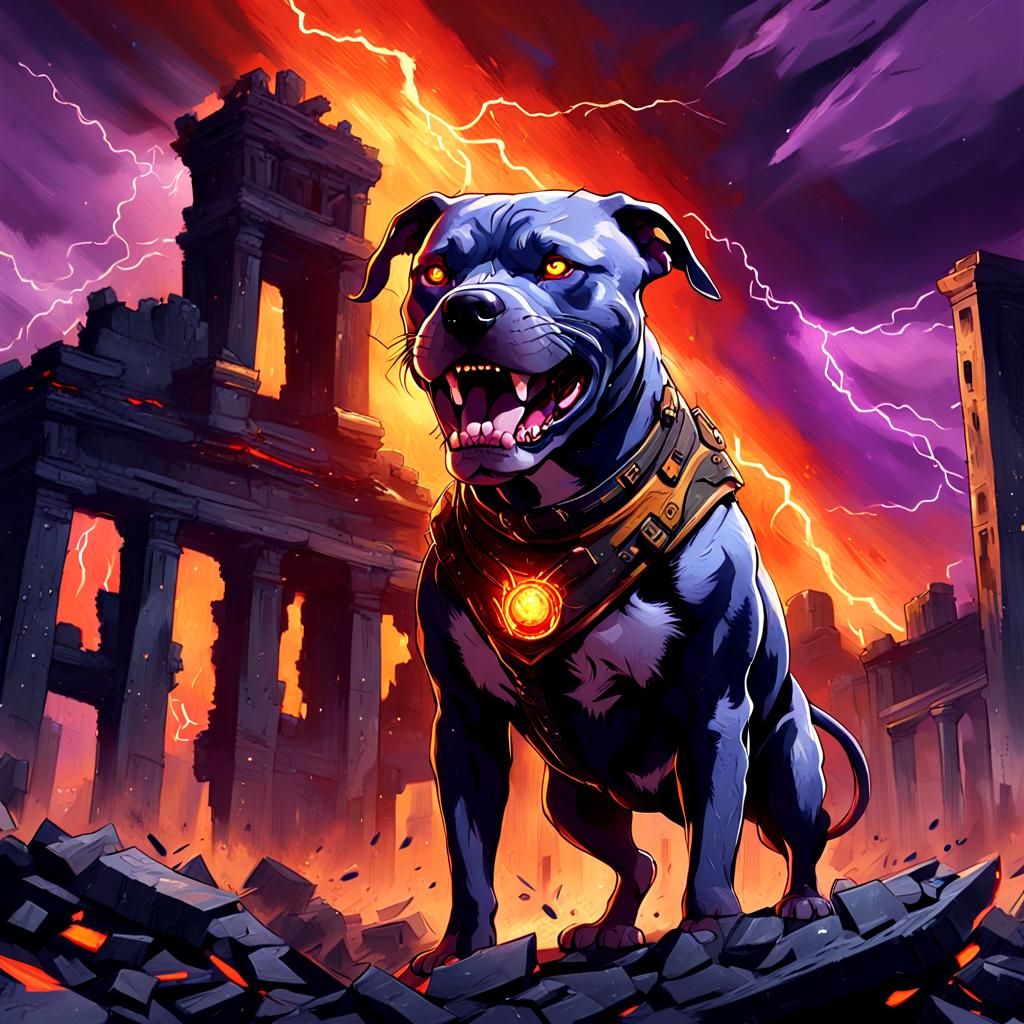 Furious Pitbull in Destroyed City: Dark Fantasy Art