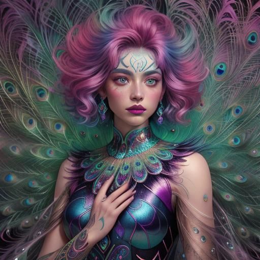 Astral Woman with Peacock Feathers, Holographic Illustration