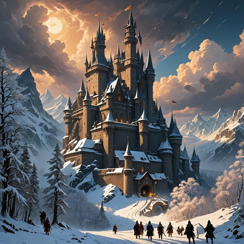 Snowy Castle Scene with Adventurer