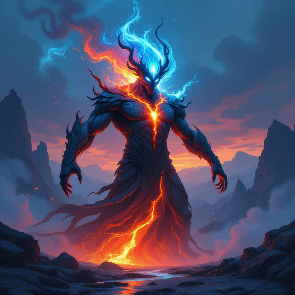Elemental Gods of Lava and Water in Surreal Landscape