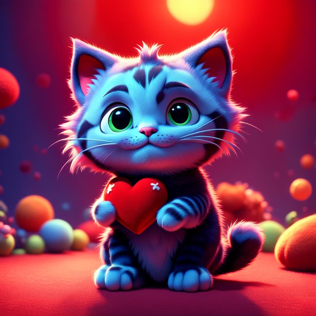 Cute Kitten Cuddles Plush Heart in 3D Style
