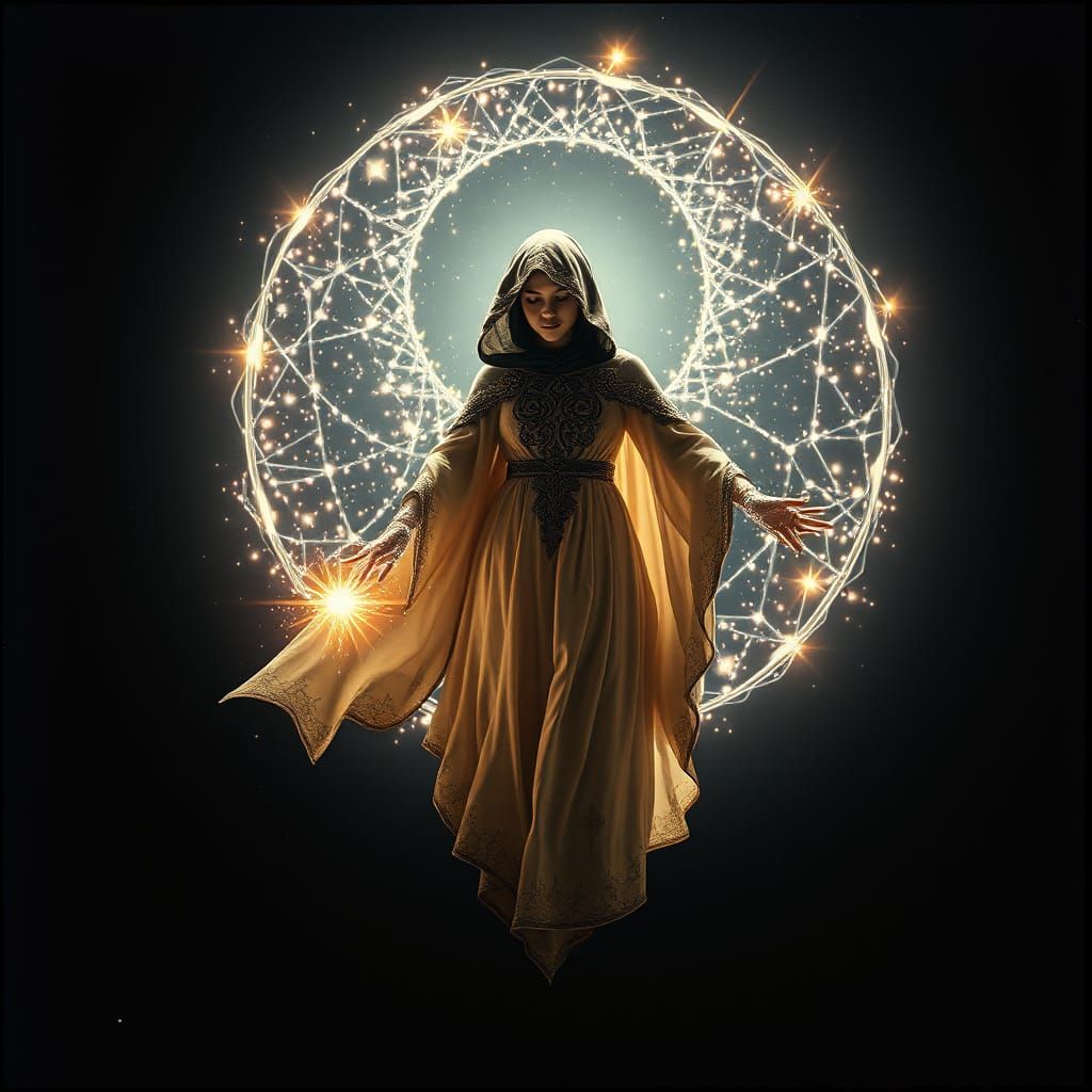 Prompt: Dreamy space witch floating in zero gravity, surroun...