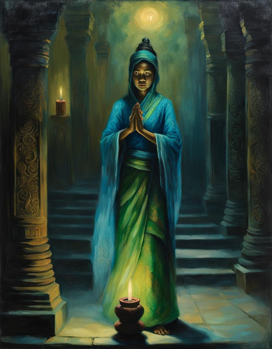 Thai Ghost in Temple, Oil Painting in Chiaroscuro Style