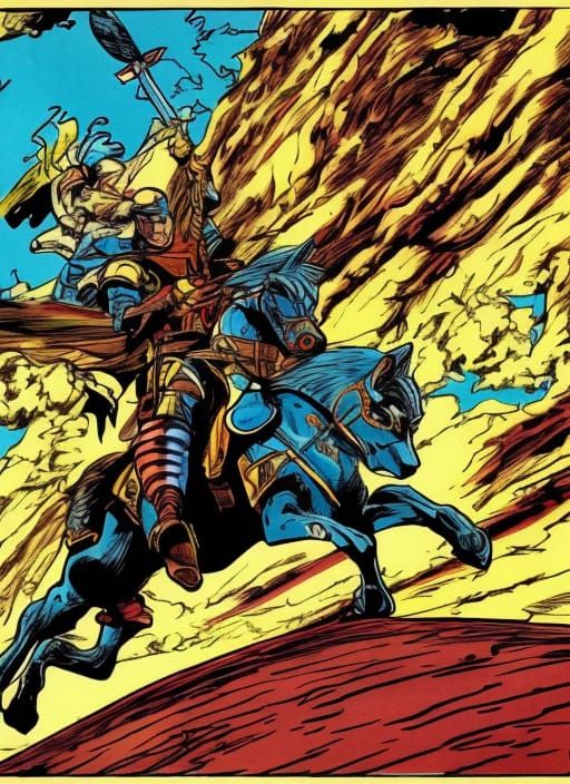Wolf Riding Knight in Vintage Comic Book Style