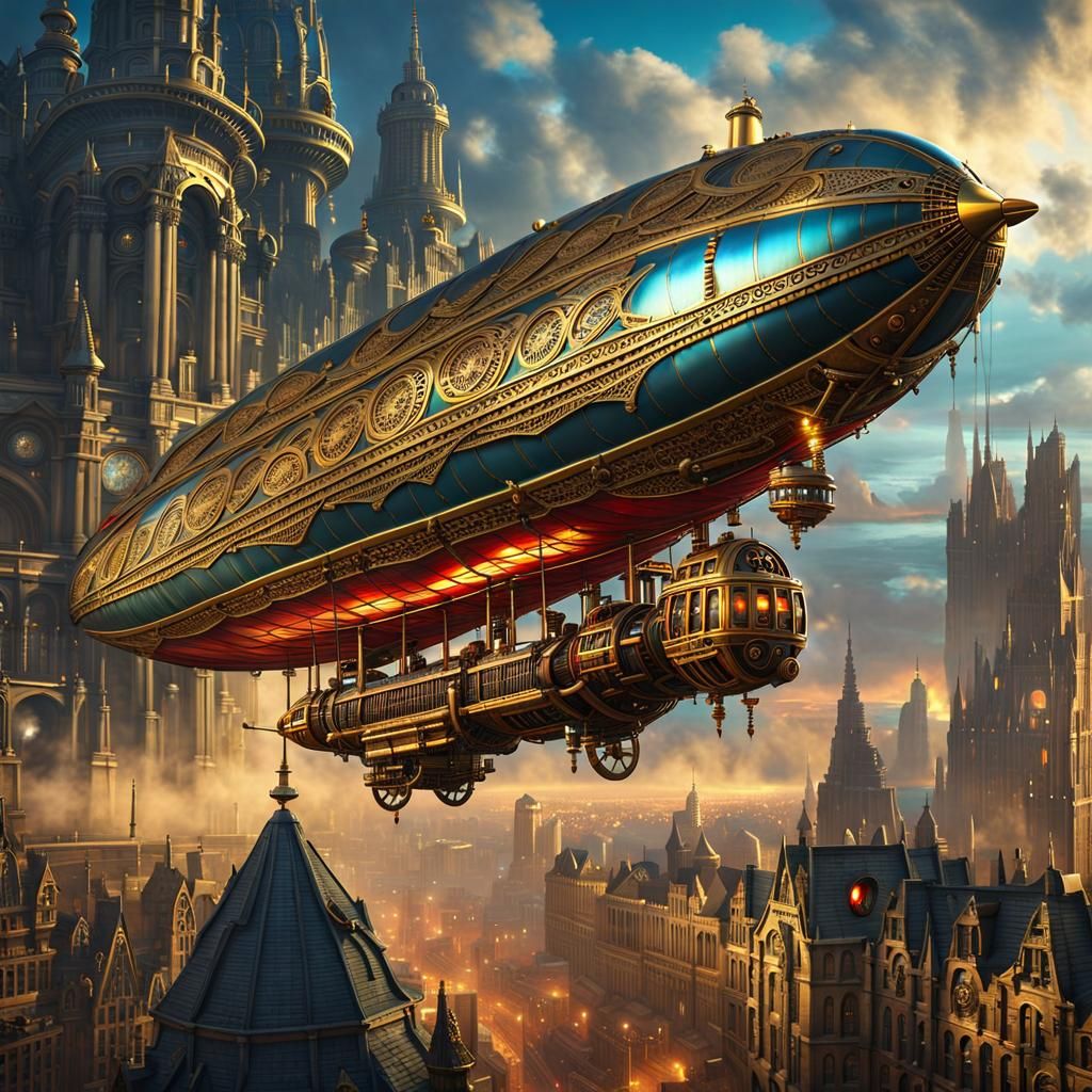 Steampunk Zeppelin Over Cyberpunk Gothic City