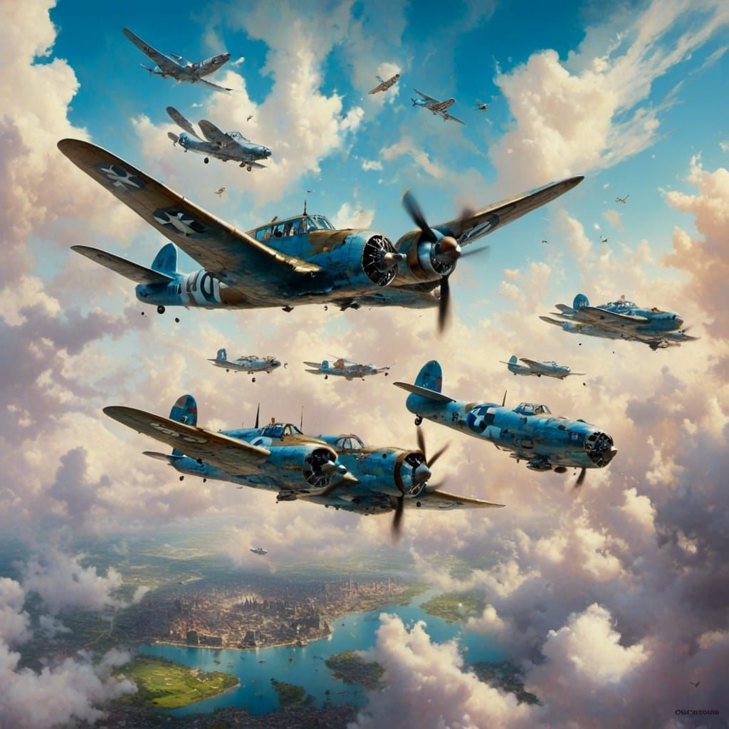 2000 B17 Bombers flying high overhead during WWII.