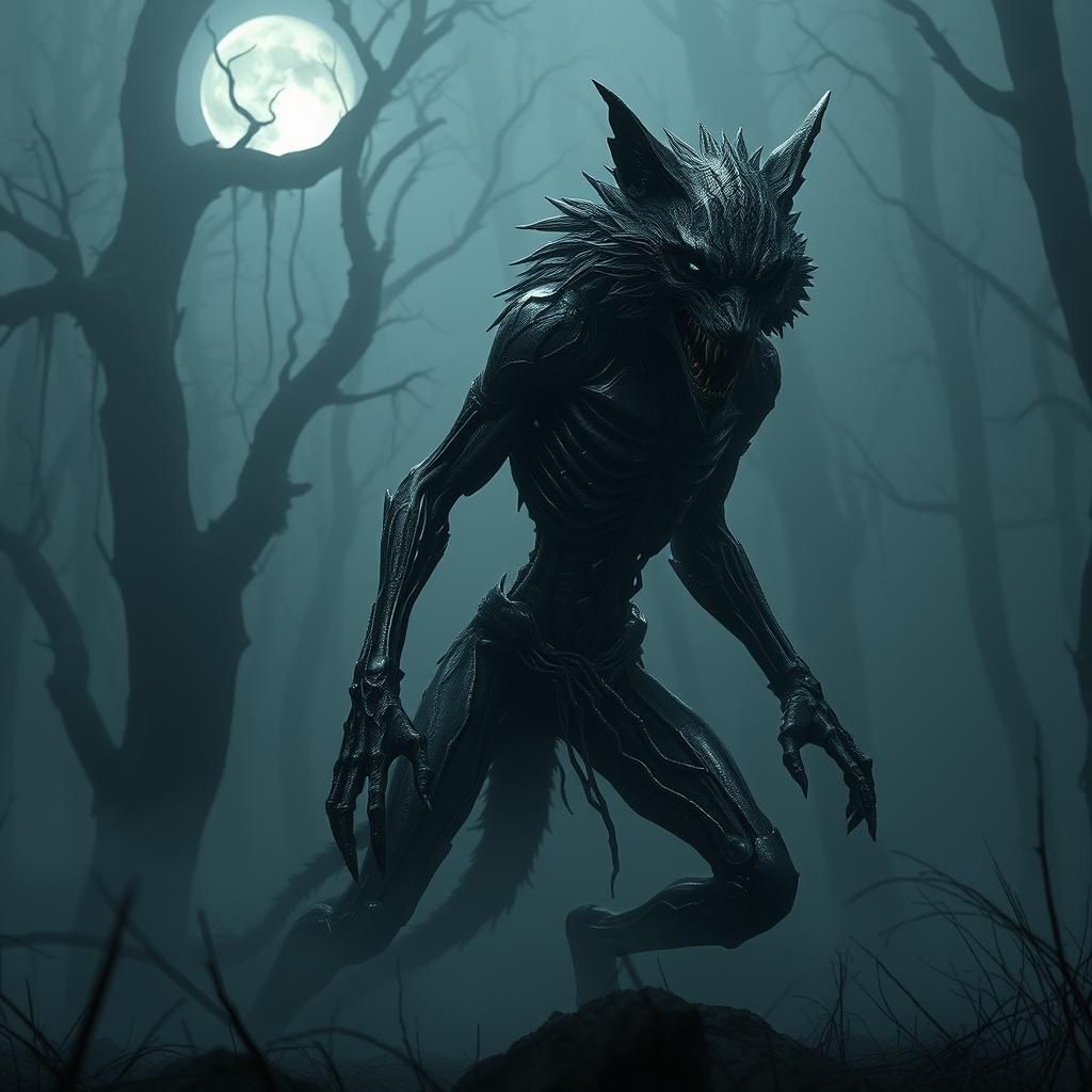 Alien Werewolf Hunts in Eerie Forest, Biomechanical Horror