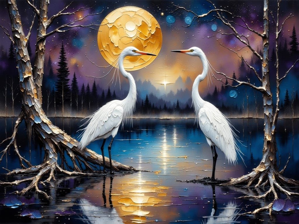 Serene Midnight Scene with Egrets in Impasto Style