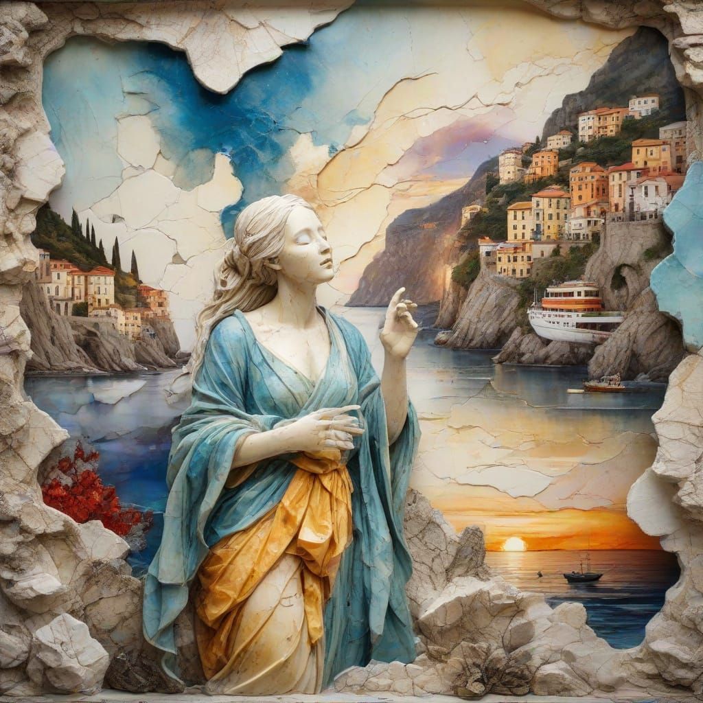 Ethereal Woman in Dreamy, Kintsugi-Inspired Mixed Media