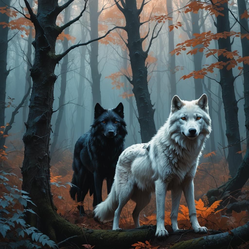 Mystical Forest: White Wolf and Black Wolf