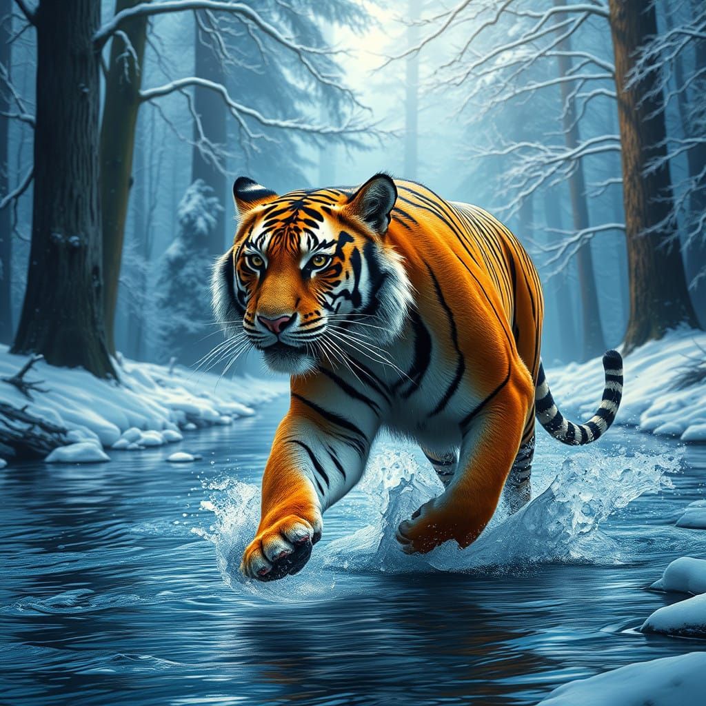 Majestic Tiger Runs Through Serene Snowy River Landscape