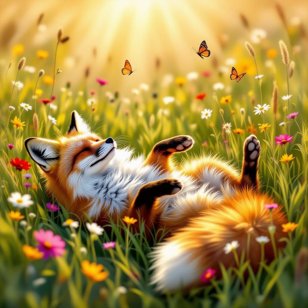 Relaxed Fox in Sunny Meadow with Wildflowers
