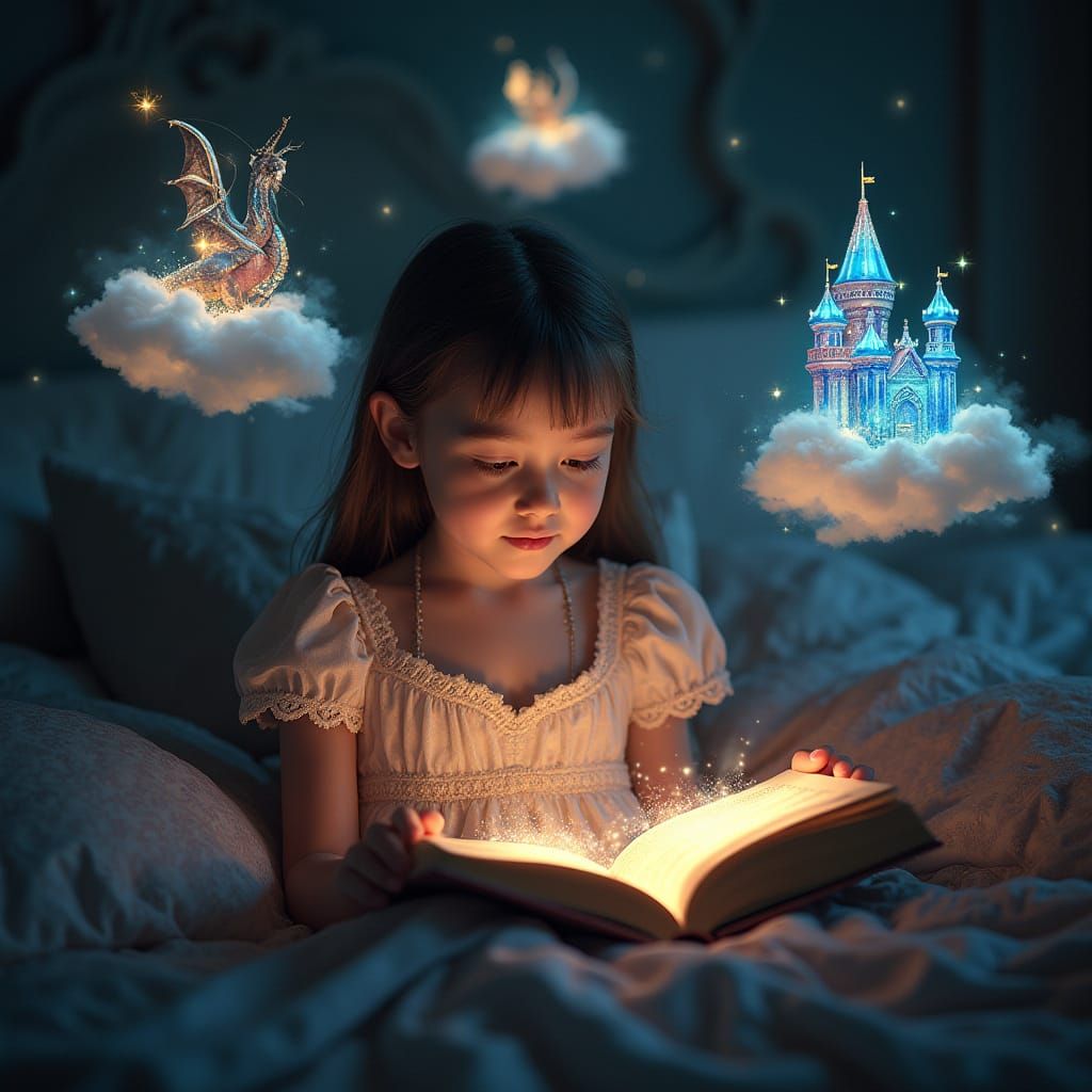 Girl in a Dreamlike World, Surrounded by Whimsical Clouds an...
