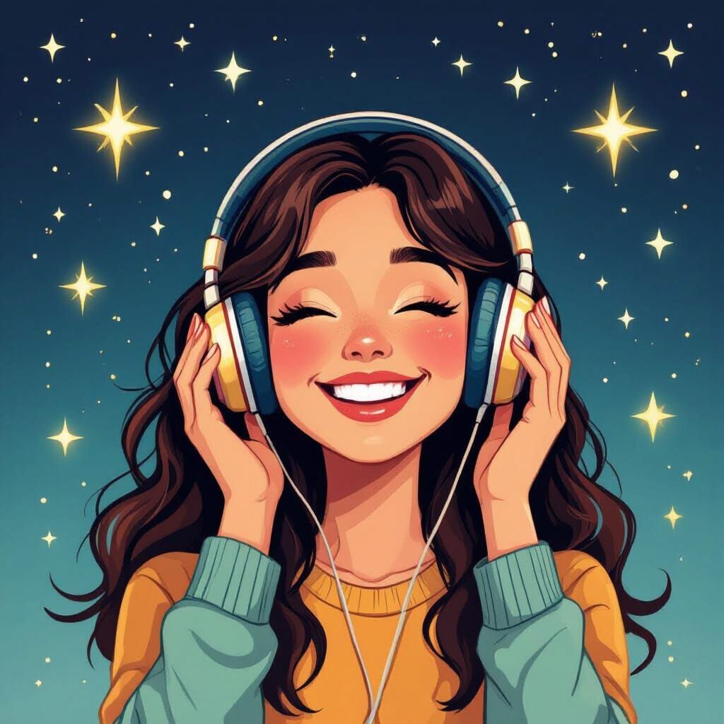 Smiling Woman with Headphones Amidst Starry Sky