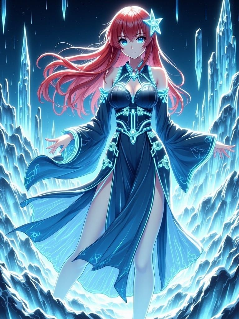 Anime woman with pale skin, long red with white hair, arctic...