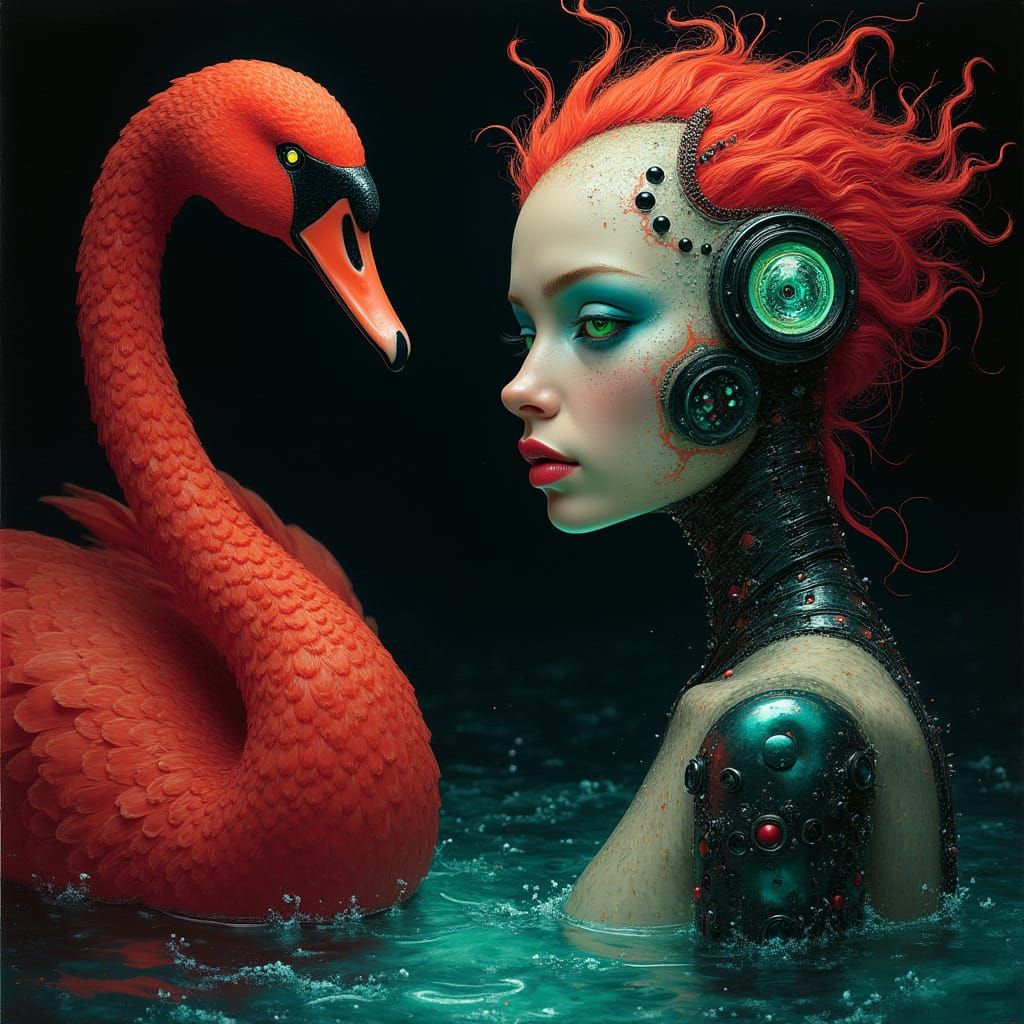 Bioluminescent Android and Swan Woman in Surrealist Style