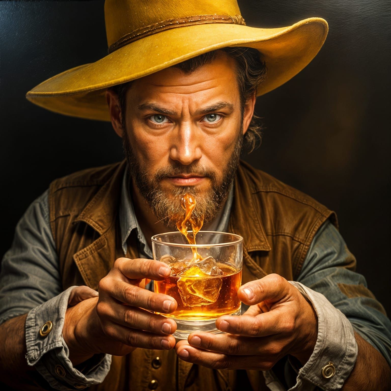Cowboy's Flaming Whiskey: An Impasto Oil Painting