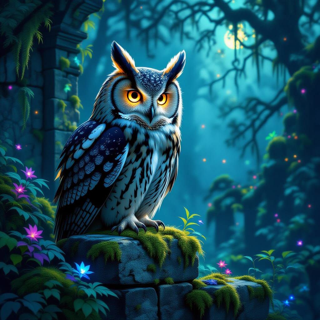Ancient Owl in Bioluminescent Forest Digital Painting