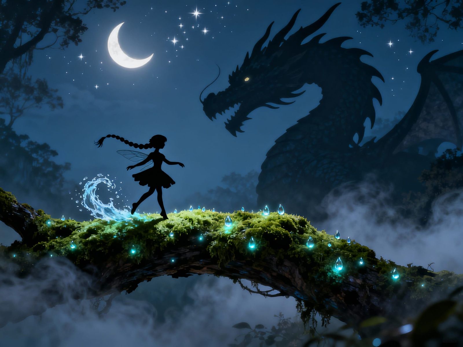 Fairies Dance with Dragon on Bioluminescent Branch