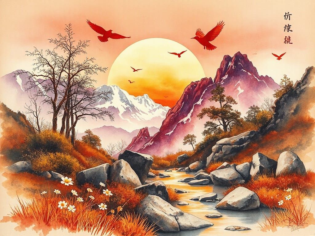 Chinese Sunset Watercolor: Eldritch Art by Rackham