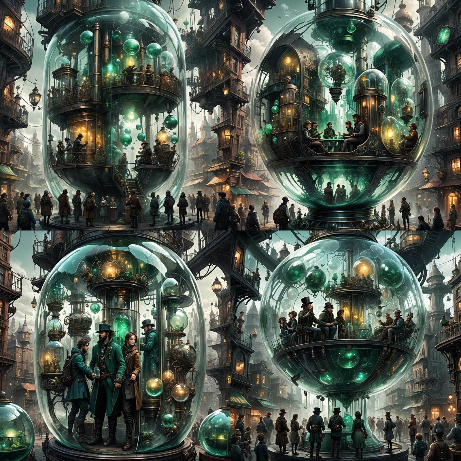 Steampunk City with People in Glass Bottles
