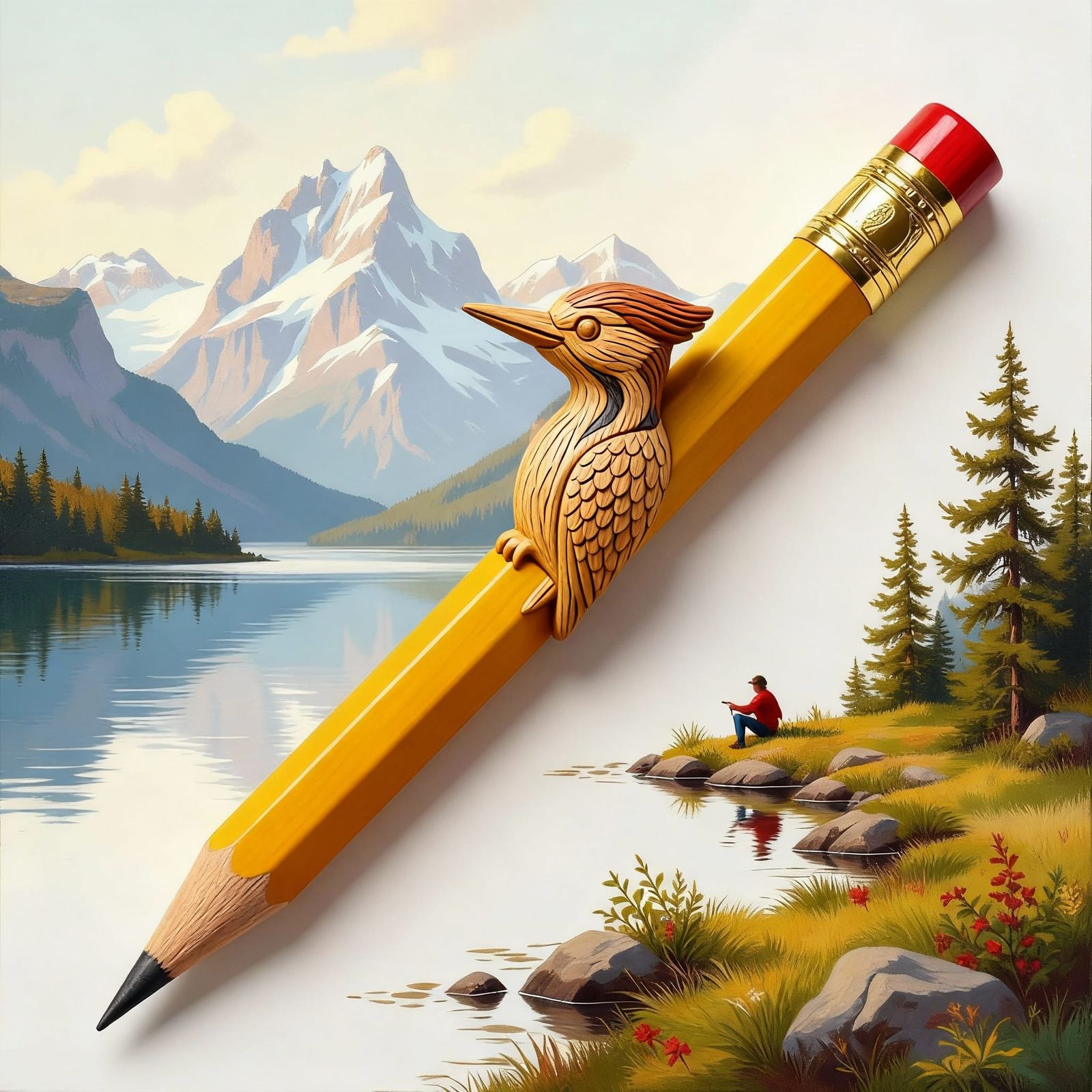 Woodpecker Pencil Art with Mountain Landscape