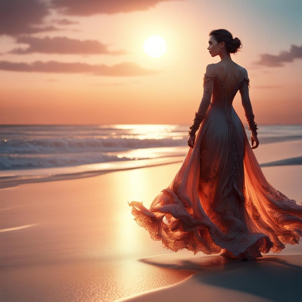 Girl in Dress at Sunset: Fantasy Concept Art