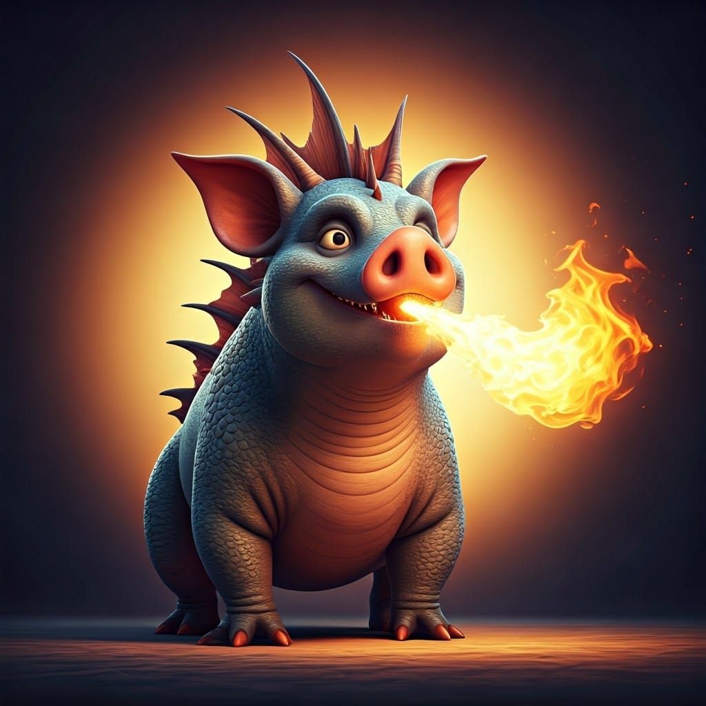 Dragon-Pig Hybrid Breathing Fire: 3D Digital Art