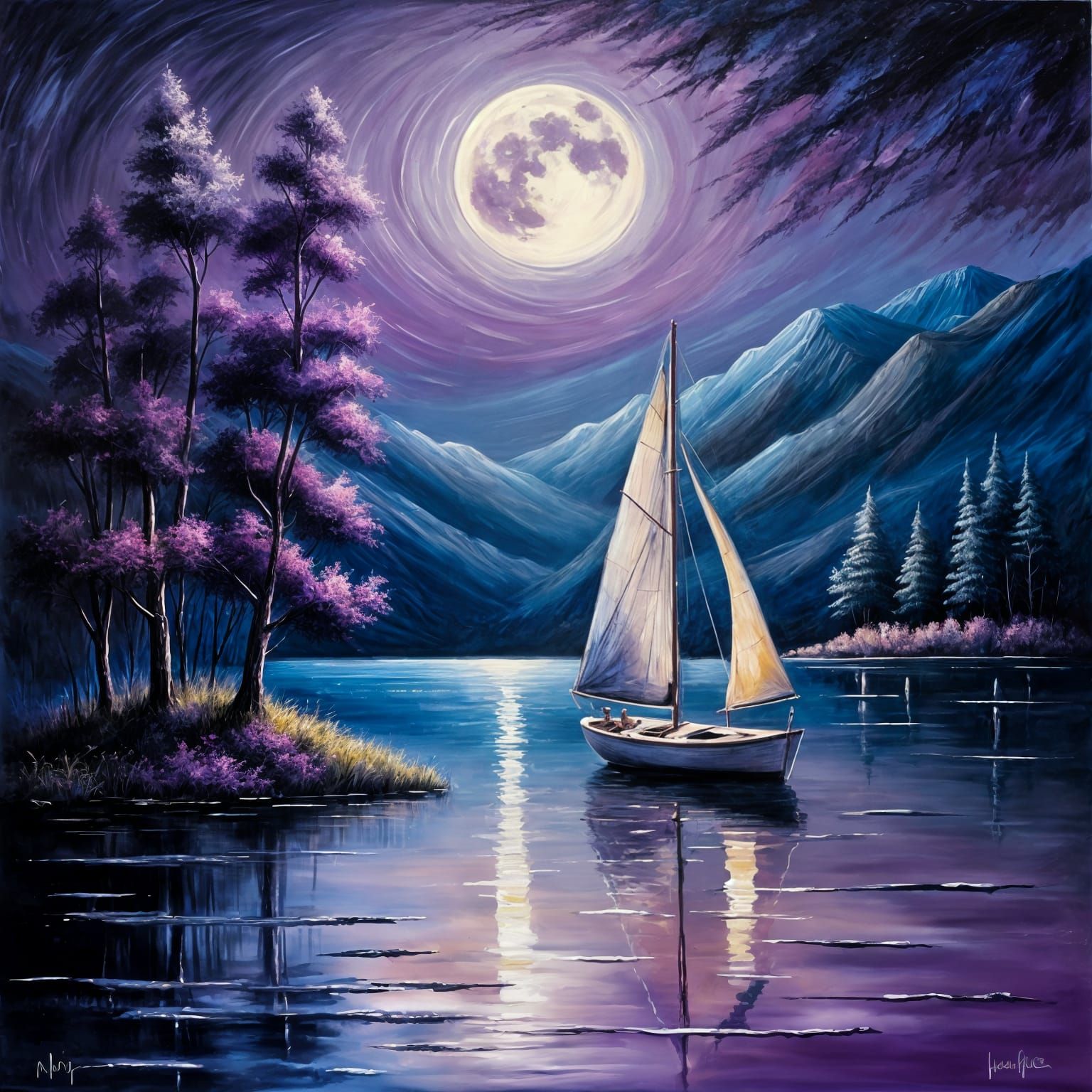 Ethereal Purple Moonlit Night as Oil Pastel Painting