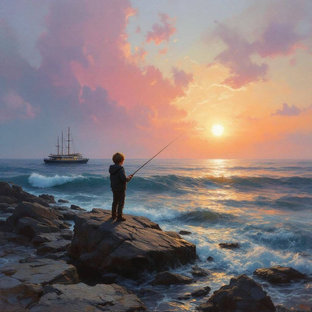 Impasto Seascape of Child Fishing at Dusk