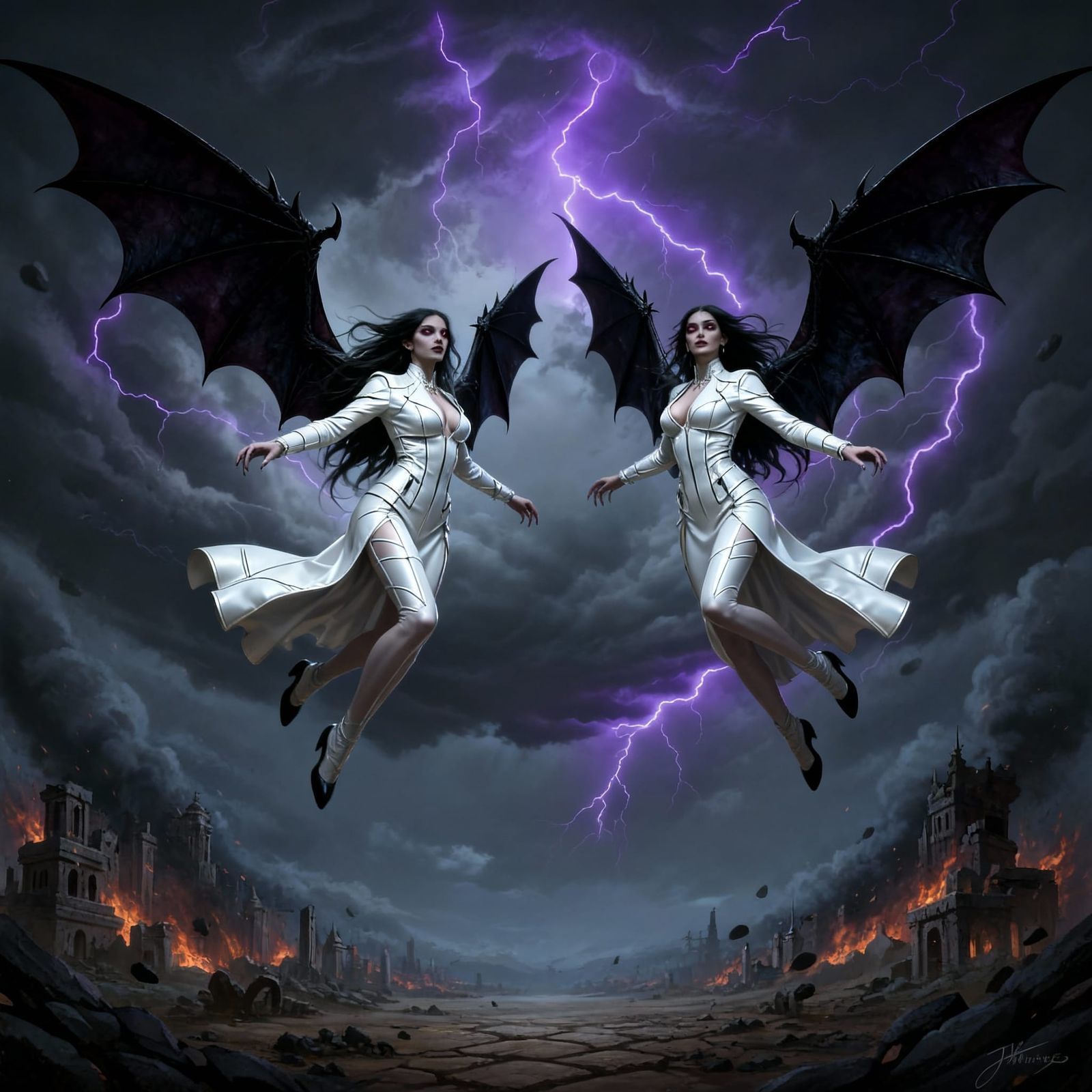 Two Flying Jinn in White Angelic Dresses