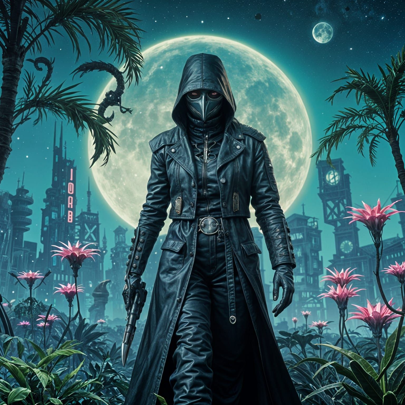 Surreal Plague Doctor on Alien World in Syd Mead Style